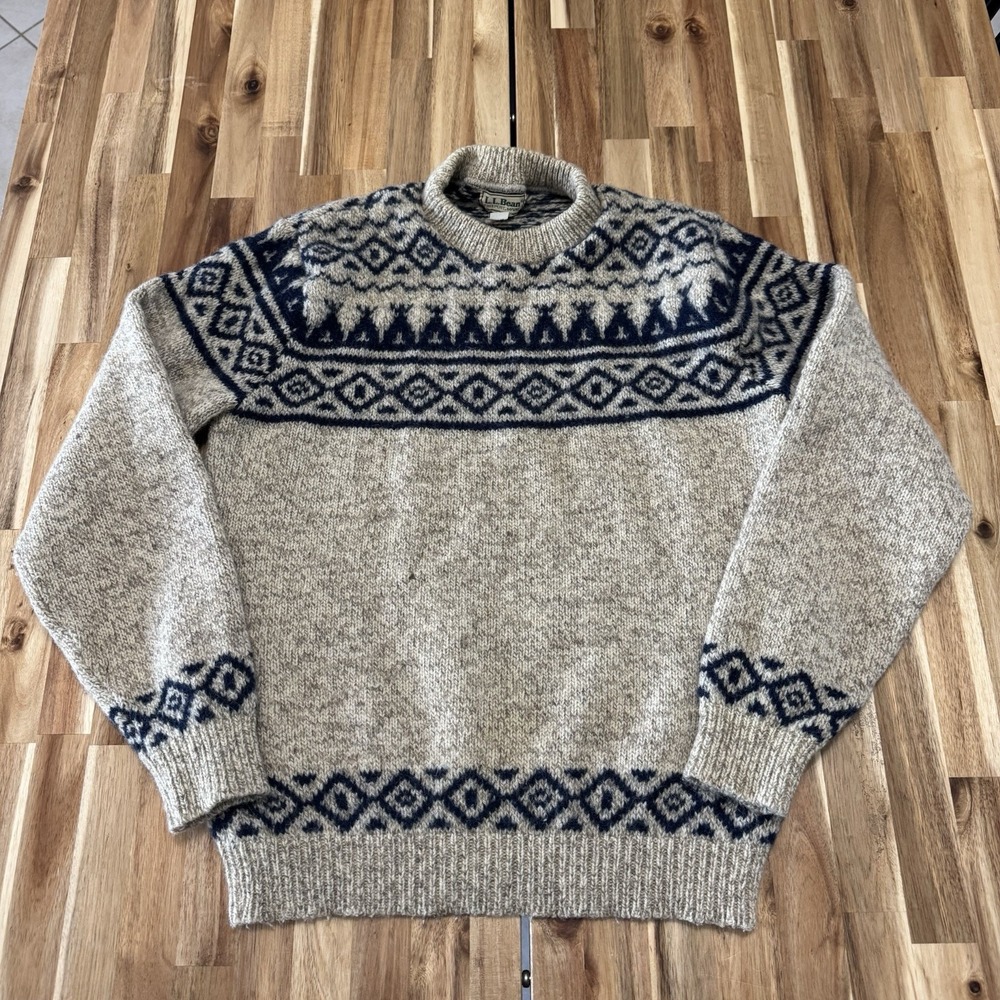 Vintage LL Bean Mens M Wool Fair Isle Nordic Sweater USA Preppy Cabin Grandpa